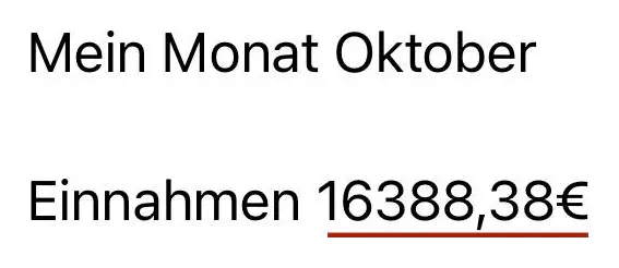 Nachricht einer Kundin: Mein Monat Oktober. Einnahmen 16.388,38 €.